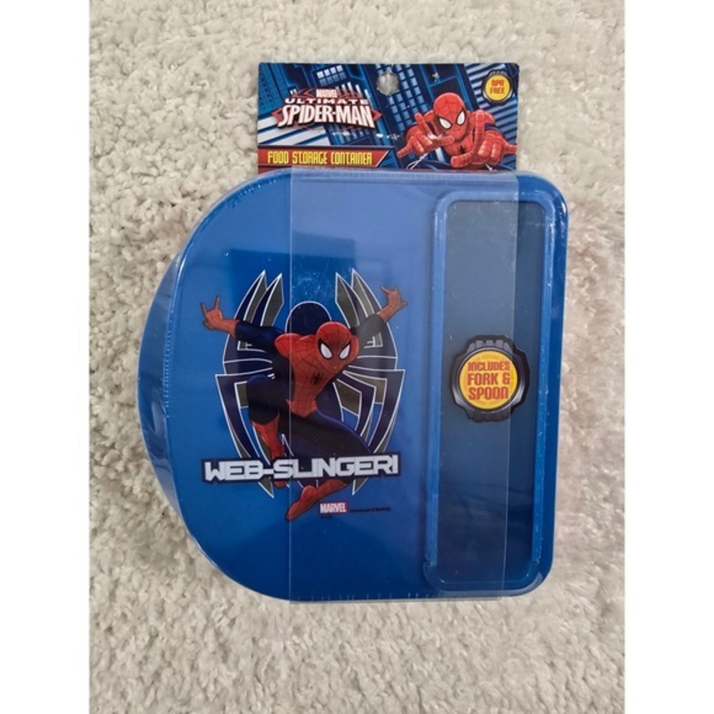 Marvel Ultimate Spider-Man Blue Food Storage Container Lunch Box Fork Spoon Set